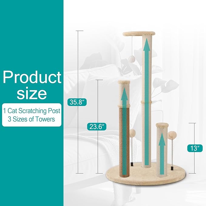 Maximum - 35.8" Tall Cat Scratching Post, 3 Scratcher Posts for Indoor Small and Large Cat, Spring Cat Toy and Hanging Ball, Non Spliced Elliptical Base Plate