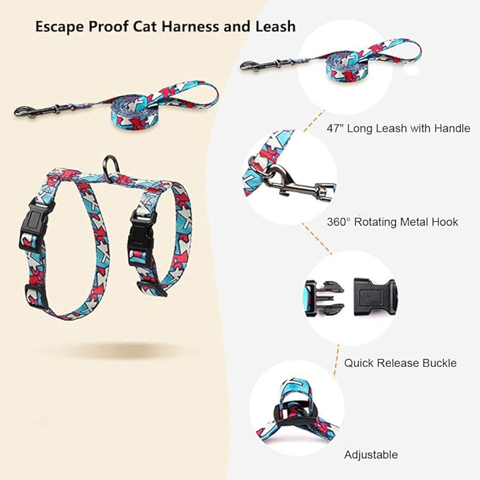 Cat Harness Escape Proof Cat Harness and Leash Set for Walking Soft Adjustable Kitten Harness for Small Large Cats(Multicolor)