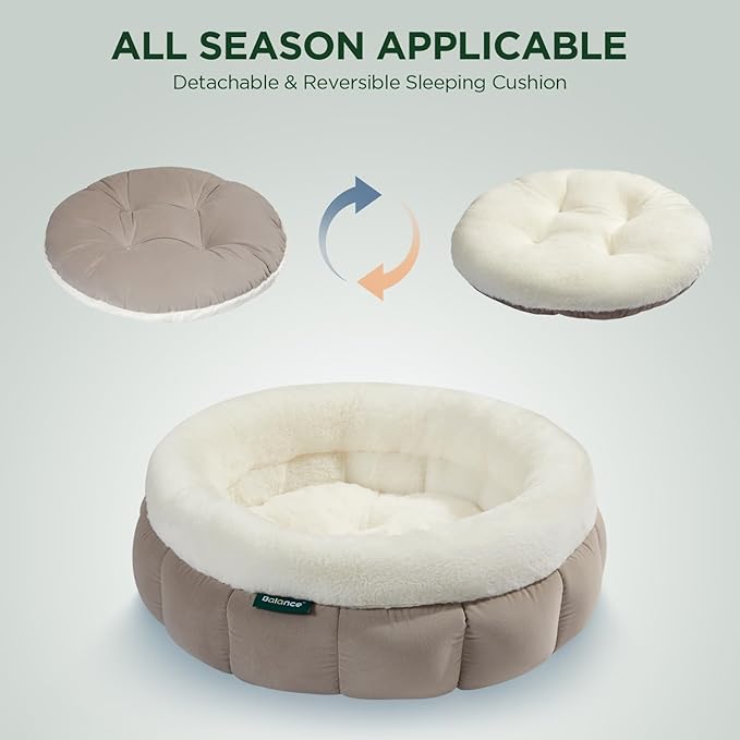 BALANCE Round Cat Beds for Indoor Cats - Donut Dog Bed for Medium Dogs, Washable Medium Pet Bed, Round Fluffy Plush Faux Fur Cat Bed with Anti-Slip Bottom