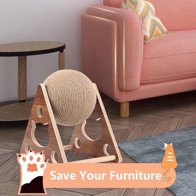 Cat Scratcher Toy,Natural Sisal Rope Cat Scratching Ball Scratcher Toy with Ball for Cats& Kittens&Dogs&Puppy, Interactive Solid Wood Scratcher Pet Toy Suitable for small cats and dogs (Large)