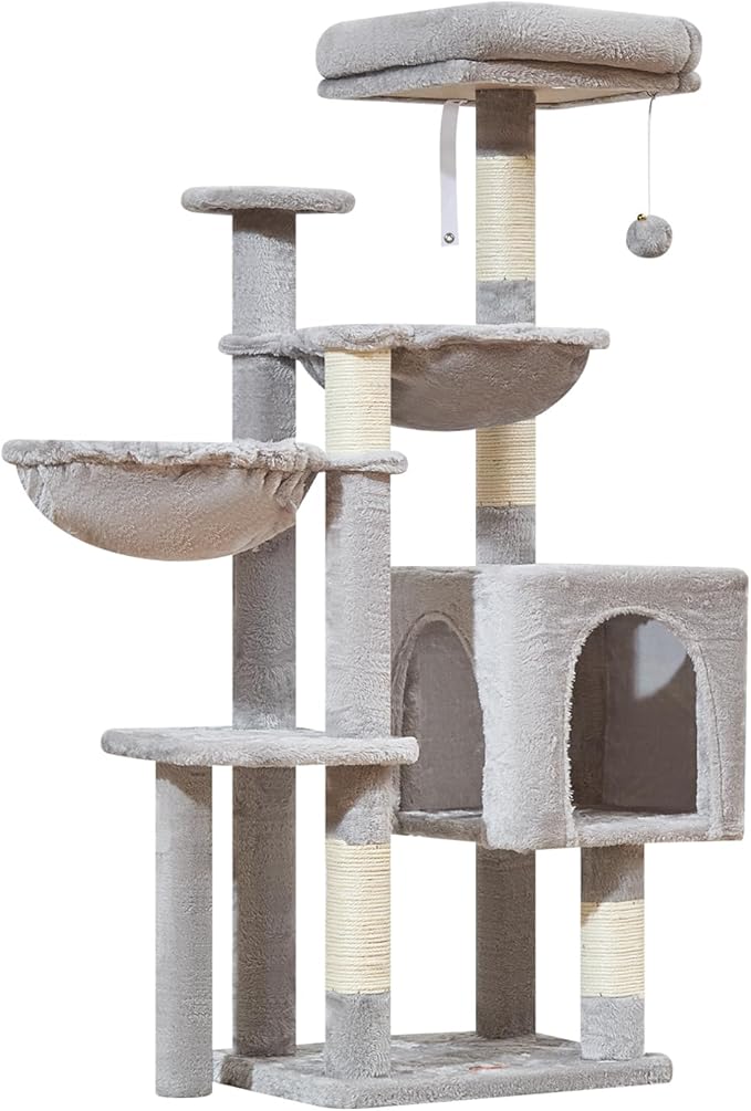 Taoqimiao Cat Tree, 48-Inch Cat Tower for Kittens, Cat Tree Tower with 5 Scratching Posts, Plush Cat Condo with Plush Perch, 2 Hammock, Pompoms, Light Gray MS019L-W
