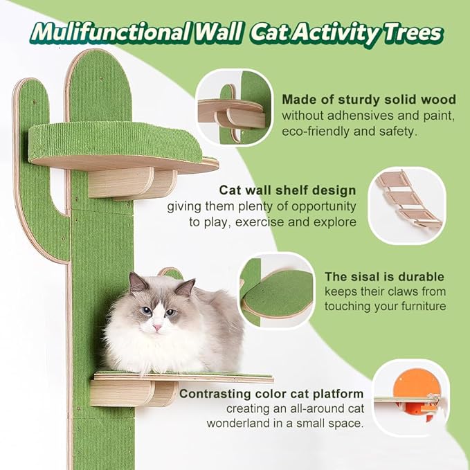 Docal Cat Climbing Tower Wall,Cat Wall Shelves with Cat Tree Tower Cactus Shape with Carpeted Plank for Indoor Cats,Suitable for Indoor Cats Climbing Tower Activity Wood Cat Wall Furniture