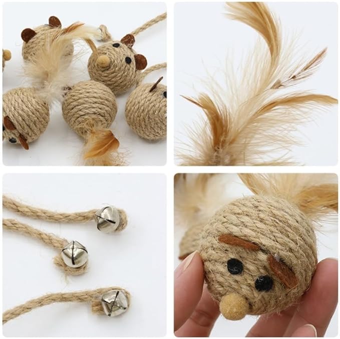 6Pcs Natural Sisal Toys for Cats,Sisal Balls Mice Toys with Rattling Sound for teractive Cat Scratcher Chew Toy with Cute Mouse Toy for Kitten Kicker
