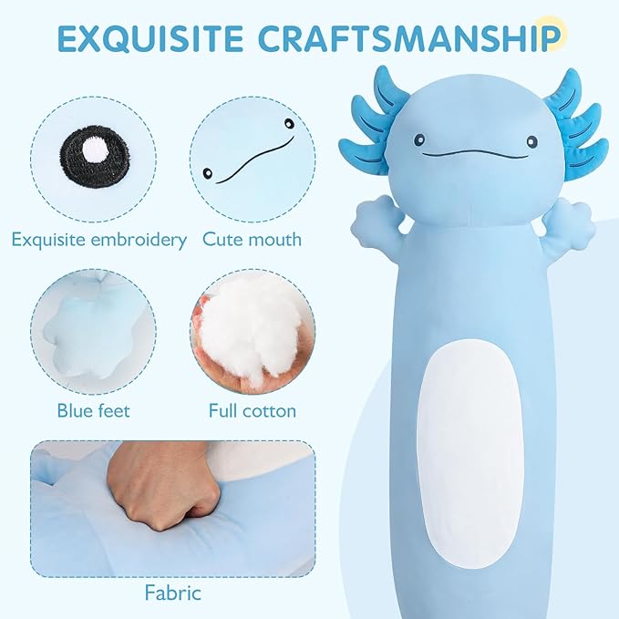 36 inch Cute Giant Blue Axolotl Plush Soft Body Pillow, Large Axolotl Stuffed Animals Toy, Squishy Plushies Gifts for Kids Boys Girls Birthday