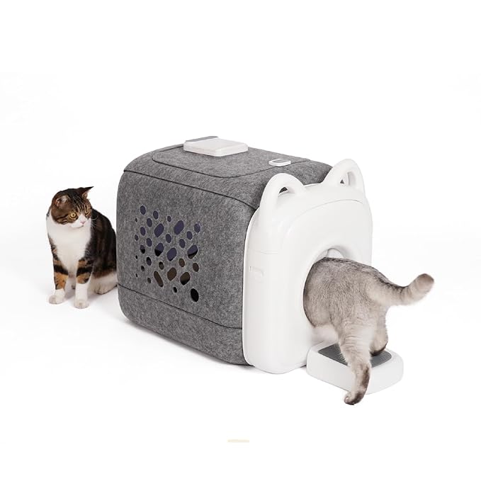 AutoComb Automatic Cat Self Groomer, 360° Surround Self Grooming For Cats, Self Cleaning brush with biomimetic cat tongue brush & smart feeder, White