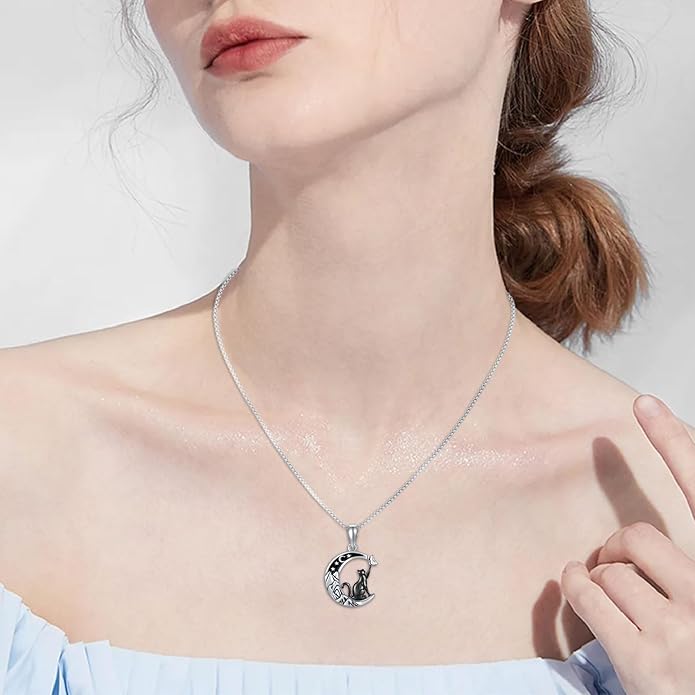 AUDINCCED Black Cat Necklace Turtle Necklace Gothic Jewelry Butterfly Necklace Cat Necklace 925 Sterling Silver Crescent Moon Necklace for Women Cat Gifts for Cat Lovers