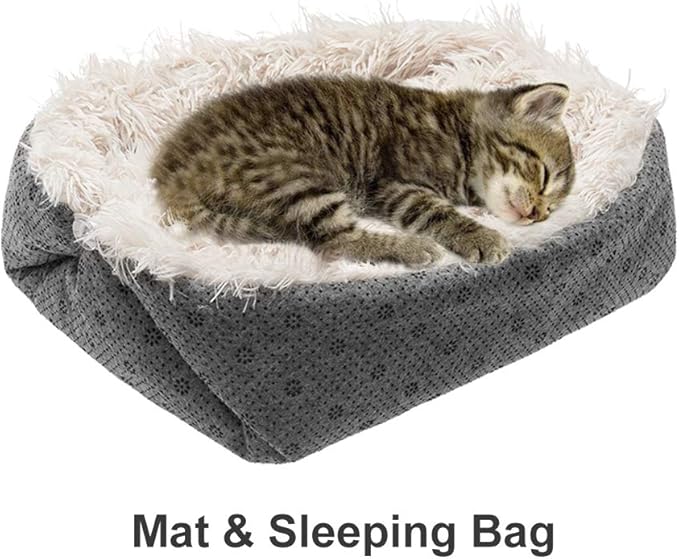 PUPTECK Furry Self Warming Cat Bed Mat - Foldable Convertible Thermal Cat Sleeping Bag Pad, Comfy Pet Heated Nest Mat Anti-Slip for Cat & Puppy