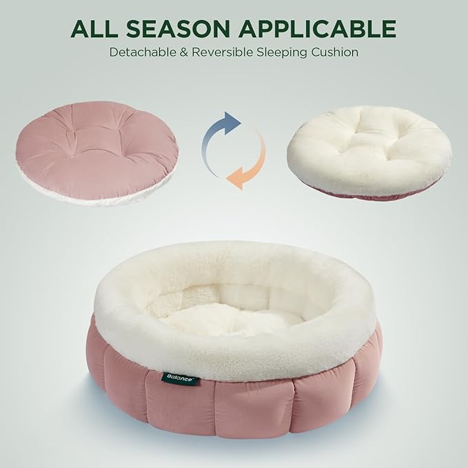 BALANCE Round Cat Beds for Indoor Cats - Donut Dog Bed for Medium Dogs, Washable Medium Pet Bed, Round Fluffy Plush Faux Fur Cat Bed with Anti-Slip Bottom