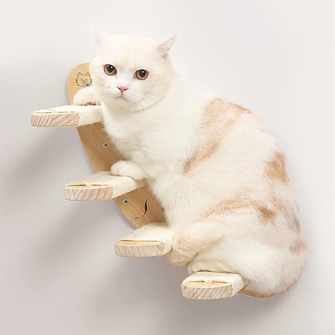 Cat Scratching Staircase, Wooden Climbing Post for Cats, Stairway Design Cat Climbing Shelf Wall Mounted, Four Step Cat Stairway with Jute Scratching for Cats Perch Platform (Flat-Ladder)