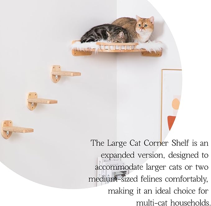 Cat Wall Shelves, Corner Cat Shelf with 3 Cat Wall Steps, Cat Shelves for Wall Large Cats Set, Cat Wall Bed with Plush Covered, Wall Mounted Cat Climbing Shelf for Indoor Cats (RubberWood)