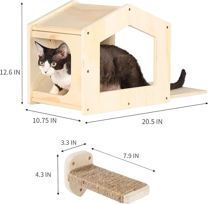 Cat Wall Shelves, Cat Shelves for Wall, Cat House Wall Furniture, Cat Condo Shelf with 3 Steps Scratching Post, Cat Bed Hammock Wall Mounted, Climbing Shelf Wall Mount for Indoor Cats (Wood)