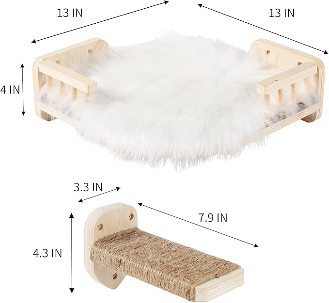 Cat Wall Shelves, Cat Shelves and Perches for Wall, Corner Cat Shelf, Cat Wall Furniture with 3 Steps Scratch Post, Cat Bed Hammock with Plush Covered, Climbing Shelf for Indoor Cats (Wood)