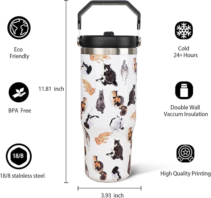 30oz Cat Tumbler with Handle and Straw, Stainless Steel Vacuum Insulated Flip Straw 30 oz Coffee Tumbler, Spill Proof Travel Mug, Cat Decor Gifts for Women
