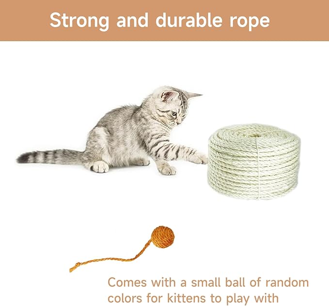 Multicolor Natural Hemp Rope, Cat Scratching Posts Replacement Rope,Repair and Replace Scratching Post cat Tree, 1/4" Rope Cat Scratch Post DIY Jute Twine,Come with a Play Ball..(65FT,White)