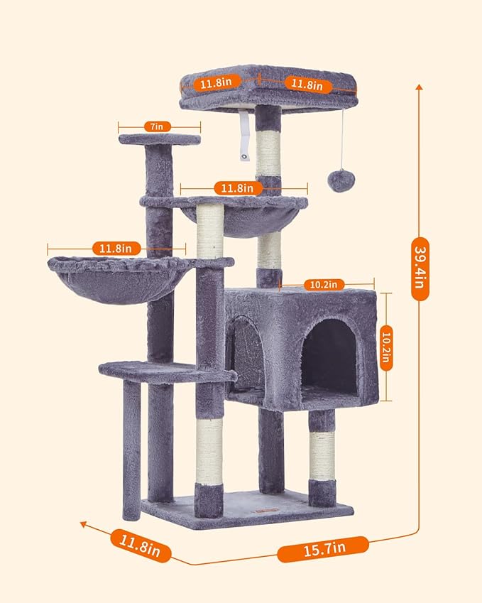 Taoqimiao Cat Tree, 39.4-Inch Cat Tower for Kittens, Cat Tree Tower with 5 Scratching Posts, Plush Cat Condo with Plush Perch, 2 Hammock, Pompoms, Smoky Gray MS019G