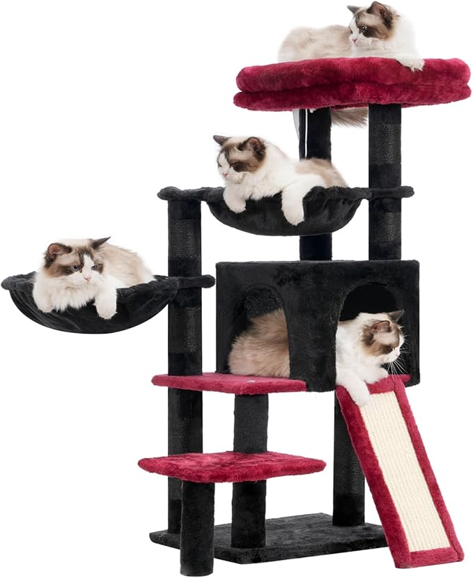 Gothic Cat Tree, Halloween Cat Tower with condo, 2 Baskets, Large Platform, Scratch Board, Cat Scratching Posts for Indoor Cats, Black and red GCT003SBR