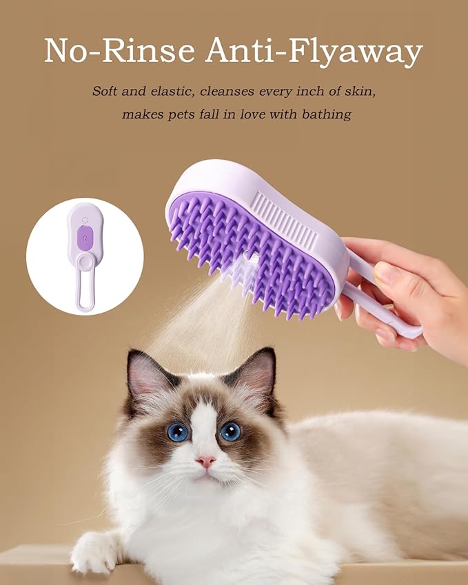 3 in 1 Cat Steam Brush for Shedding, Portable Anti-Static Grooming Comb for Cats & Dogs, Steam Misting Water Brush, Self-Cleaning Pet Hair Remover, Indoor Cat Spray Brushes for Cats & Dogs