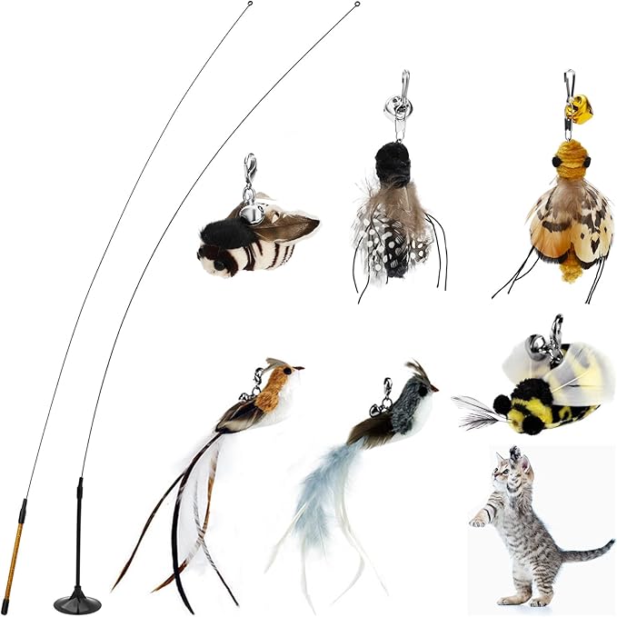 8 Pieces Cat Feather Toys Interactive Cat Wand Toys with 6 Feather Refills and 2 Flexible Steel Wires Wand Kitten Toys for Indoor Cats to Play Chase Exercise