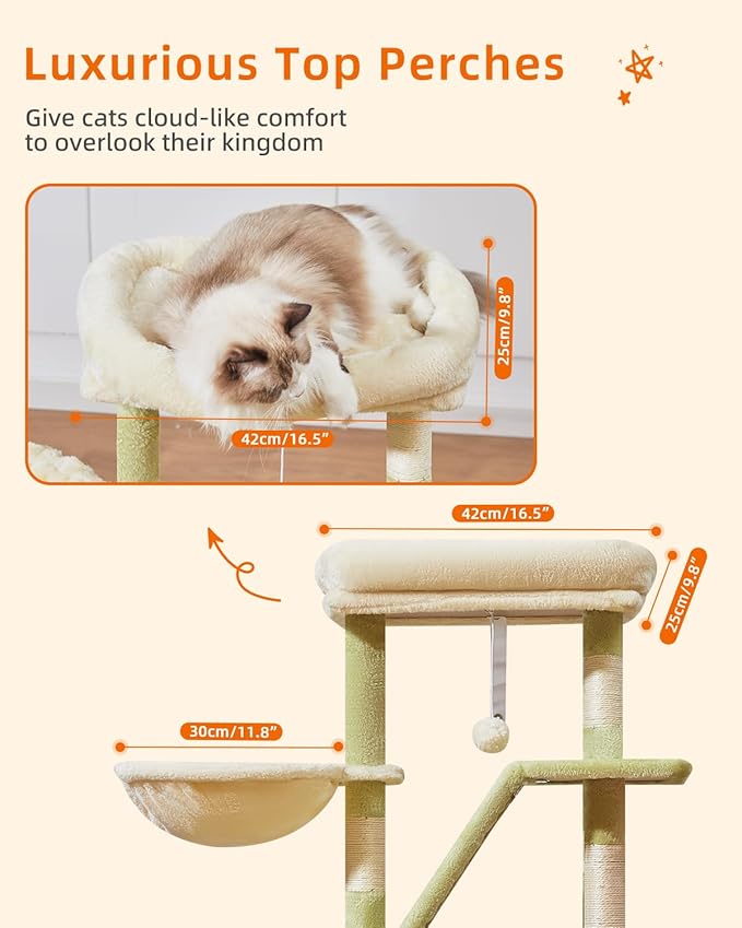 Taoqimiao Cat Tree,38.2-Inch Cat Tower for Indoor Cats,Suitable for Kittens with Luxurious cat condo with Adjustable Baskets and Luxurious Perch MS029SGB Green and Beige