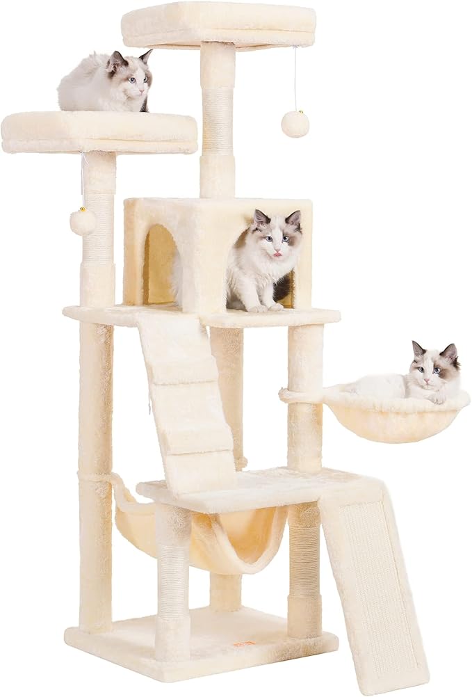 Heybly Cat Tree, Cat Tower for Indoor Cats,Multi-Level Cat Furniture Condo for Cats with Padded Plush Perch, Cozy Basket and Scratching Board Beige HCT014M