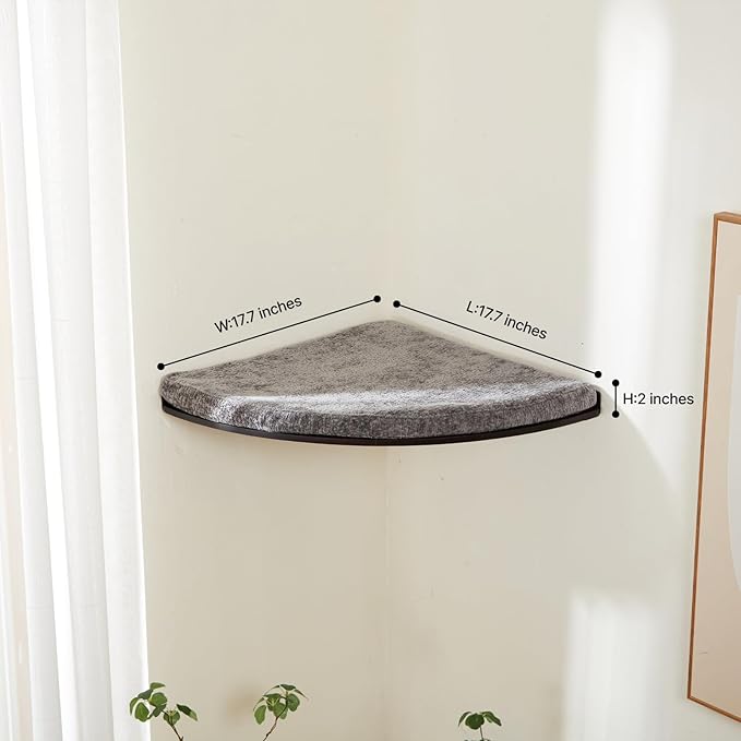 Wall Mounted Corner Cat Bed - Cat Shelf with Comfortable Cushion - Minimalistic Cat Furniture for Indoor Cats - Climbing Cat Perch for Wall, Walnut