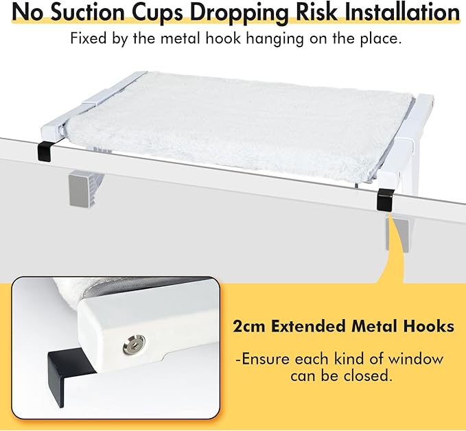 Window Sill Mount Cat Perch for Indoor Cats, One-Step Sliding Clamping Slot Adjustment Cat Hammock with Removable Two Fabrics Cover, No Suction Cups Cat Bed for Windowsill & Bedside (Large)