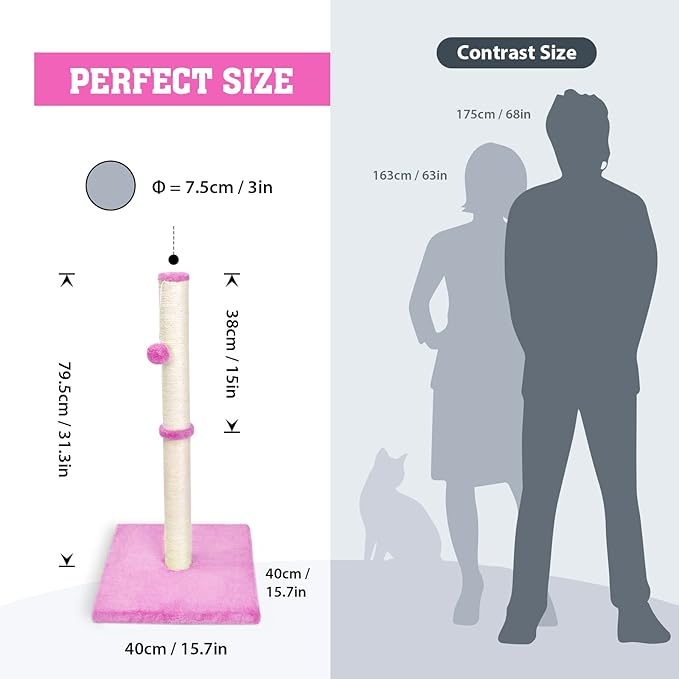 petellow 31'' Tall Cat Scratching Post - Cat Claw Scratcher with Hanging Ball - Scratching Posts for Indoor Large Cats - Durable Stable Cat Furniture with Sisal Rope - Cat Scratch Post - Pink