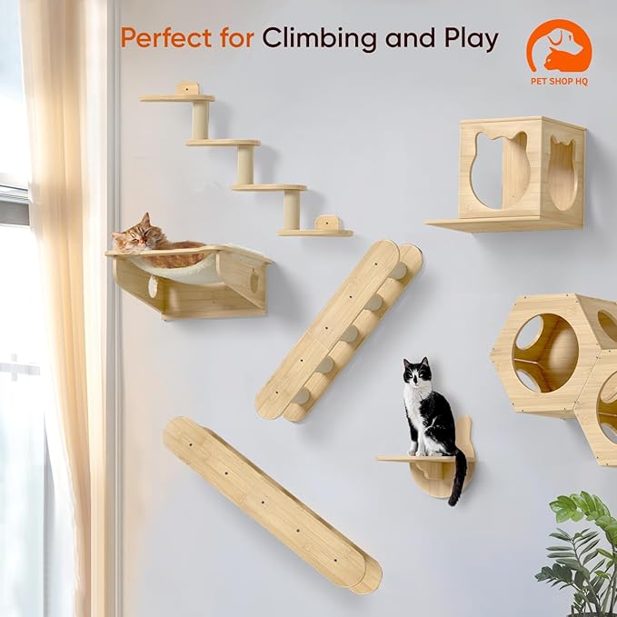 Cat Wall Shelves Furniture for Climbing - Cat House Wall Mounted - Indoor Wooden Floating Cat Furniture - Different Models Including Shelves, Perches, Hammock, Bed, Bridges, Walkways