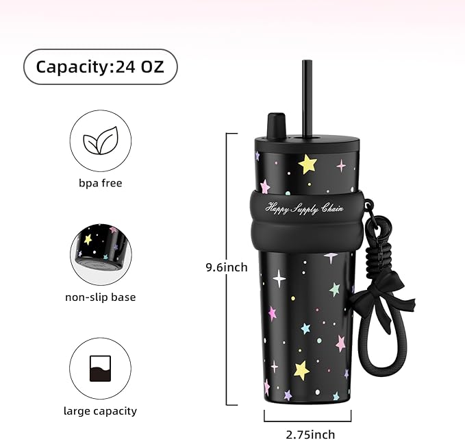 24 oz Cute Portable Travel Tumbler Stainless Steel with Lid and Straw, Sidagar Leak Proof Coffee Mug for Hot and Cold, Reusable Thermal Coffee Cup for Women, Leak Proof Water Bottle, Black Star