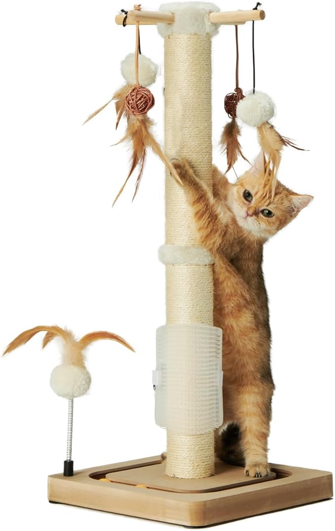 PEEKAB Cat Scratching Post 27 Inches Sisal Scratch Post with Track Ball Toys for Indoor Cats,Kittens Scratcher Toy Beige