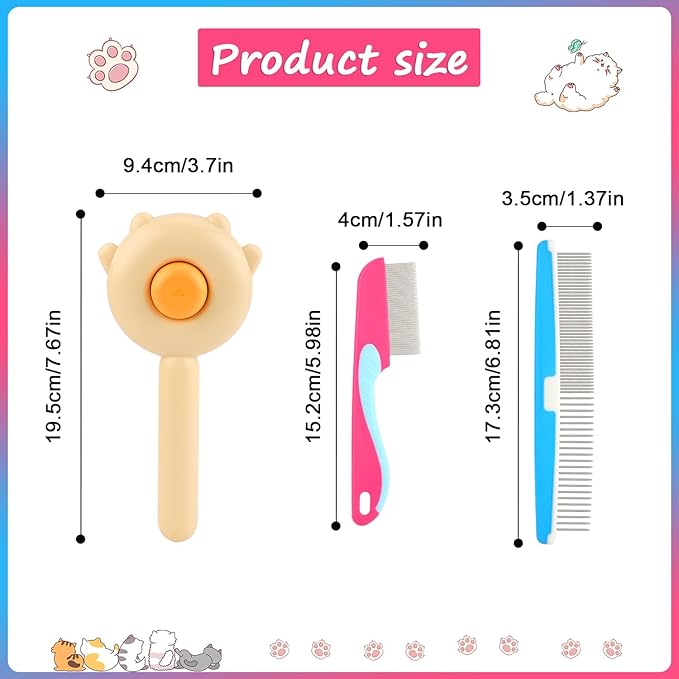 3pcs Pet Hair Cleaner Brush, Cat Brush with Release Button Magic Pet Comb Cat Shedding Brush Pet Massage Comb for Cats Dogs Removes Tangled Hair Long Hair
