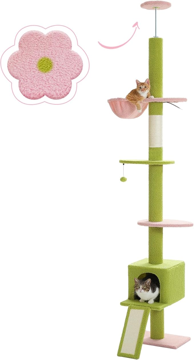 PETEPELA Floor to Ceiling Cat Tree, Cat Tower 5 Tiers Tall (83-108 Inches) Adjustable Height, Cat Climbing Tree Featuring with Cat Condo, Cat Scratching Post and Cat Perches for Indoor Cats, Pink