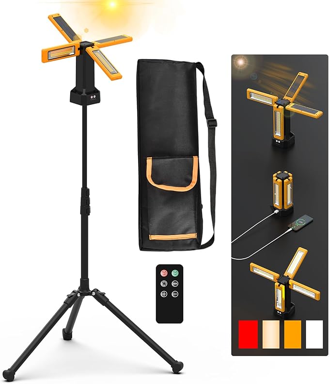13200mAh Rechargeable Solar Work Light with Folding Stand Support and Portable Carrying Bag, 8000 Lumen Stepless Dimmable, 4 Lighting Modes, White/Warm/Warm White (Remote)