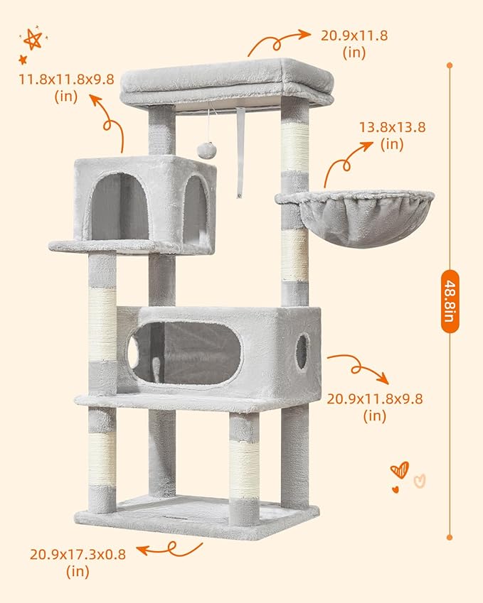 Taoqimiao Cat Tree,48.8-Inch Cat Tower for Indoor Cats,2 Luxurious cat condo with Adjustable Large Hanging Baskets and Large Luxurious Perch Light Gray MS029LW