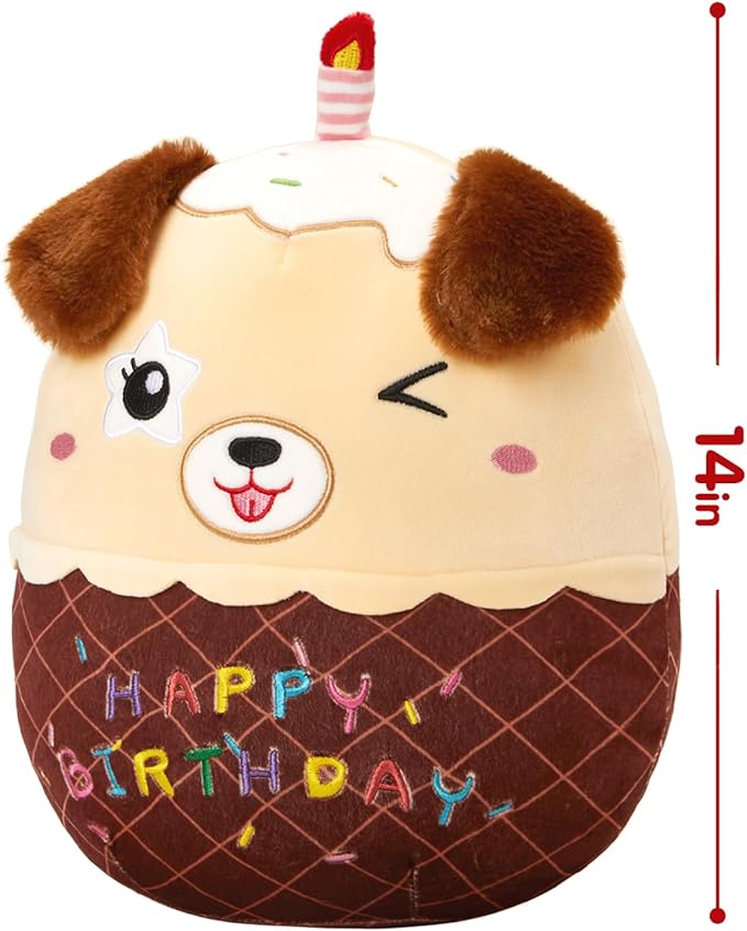 14" Birthday Cake Dog Plush Puppy Stuffed Animals Original Wink Dog Plushie Cuddle Pillows Happy Birthday Gift for Kids Boys Girls