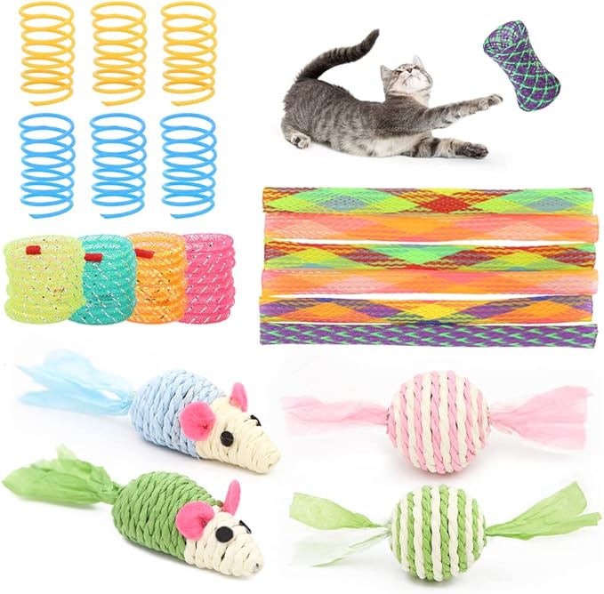 20Pcs Colorful Cat Spiral Spring, Cat Spring Toys Kittens Telescopic Plastic Coils Paper Mouse Paper Ball with Bell Spring Tube Toys for Keep Fit Interactive