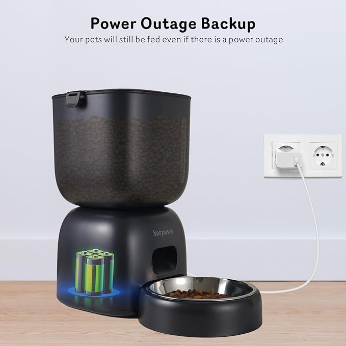 Automatic Cat Feeder and Cat Water Dispenser FW1, Wire or Battery Cat Food Dispenser Timer Pet Feeder - Locking Lid, Desiccant Bag, Programmable Portion Control, 4 Daily Meals, 10s Voice Recorder