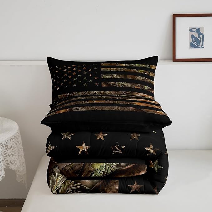 American Flag Camo Bedding Set Rustic Tree Leaves Camouflage Comforter Set King,Military Hunting Down Comforter for Boys Teens Kids Man Bedroom Nature Conifer Oak Branches Bedding Quilt Set 3 Pcs