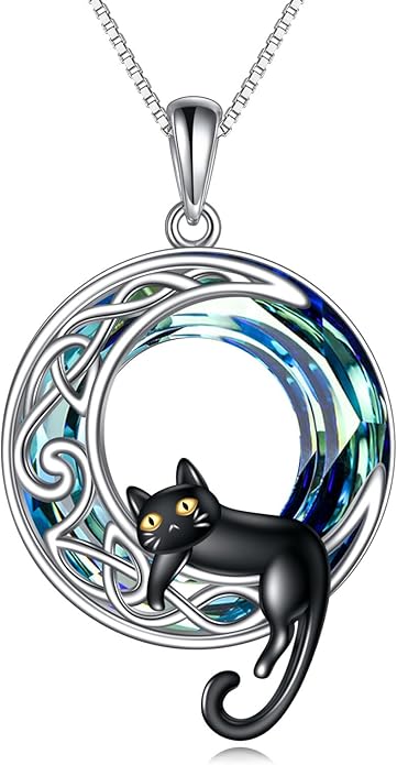 AOBOCO Cat Necklace Sterling Silver Bat Black Cat Quartz Cat Necklace Ghost Pumpkin Pentagram Witch Pendant Necklace Halloween Gifts for Women