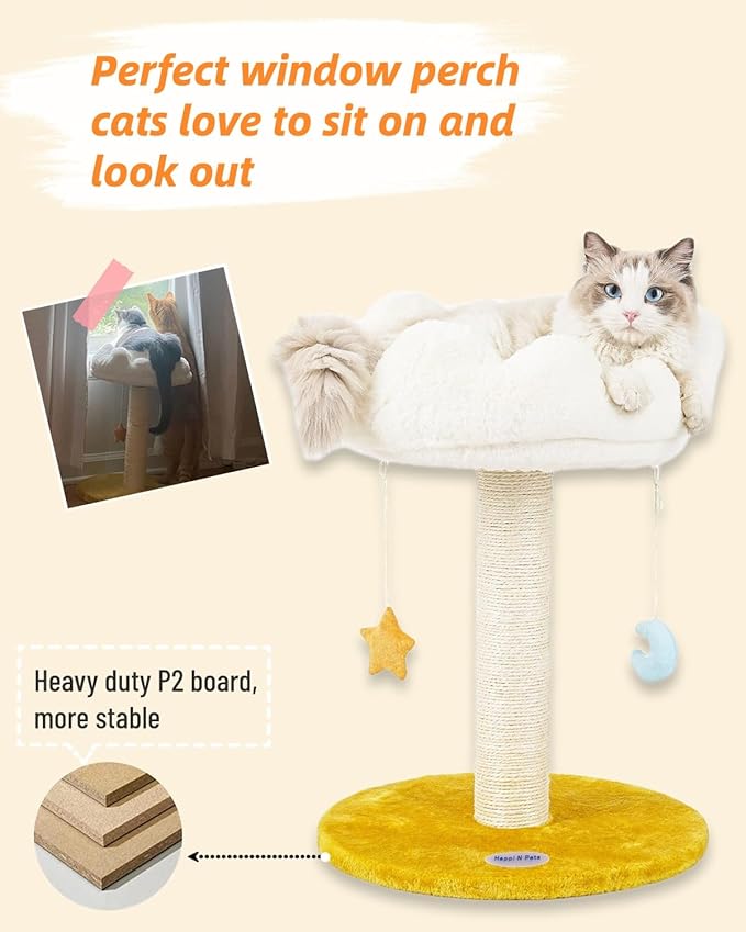 Happi N Pets Cloud Cat Tree, Cat Scratching Post with Bed, Cat Tree Tower for Indoor Cats, Sisal Cat Scratcher with Soft Perch for Kitten & Adult Cats, Small Cat Tower with Toys, Cat Scratch Post