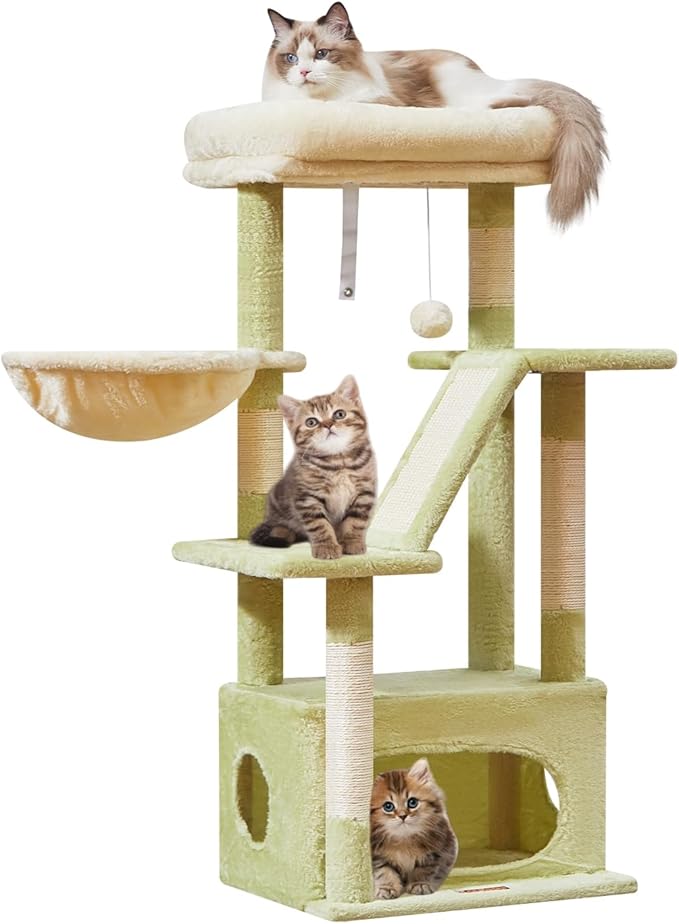 Taoqimiao Cat Tree,38.2-Inch Cat Tower for Indoor Cats,Suitable for Kittens with Luxurious cat condo with Adjustable Baskets and Luxurious Perch MS029SGB Green and Beige