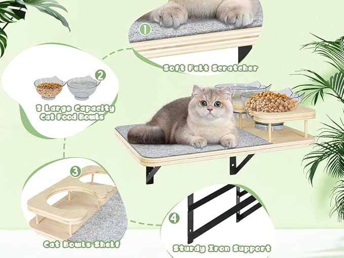 Cat Wall Shelves, Cat Shelves and Perches for Wall, Cat Shelves Wall Mount, Cat Wall Furniture with 3 Cat Wall Steps, Cat Climbing Shelf Cat Scratch Post, Cat Wall Shelf with 2 Cat Food Shelf