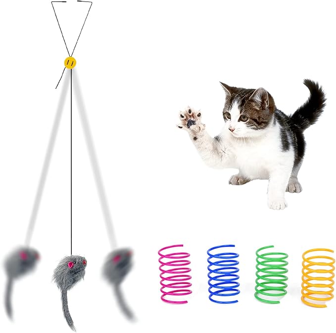 Andiker 5Pcs Interactive Cat Toys for Indoor Cats, Triangular Hook Door Frame Cat Toy with The Adjustable Elastic Rope Cat Mouse Toy and 4pcs Cats Springs Self-Playing Cat Catching Toys (Hang)
