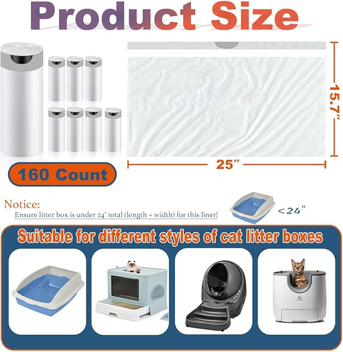 160 Count Cat Litter Box Liners with Drawstring, Compatible with Litter Box Robot 3 & 4, Cat Litter Bag Replacement, Self-Cleaning Cat Litter Trash Bags, 10-12 Gallons