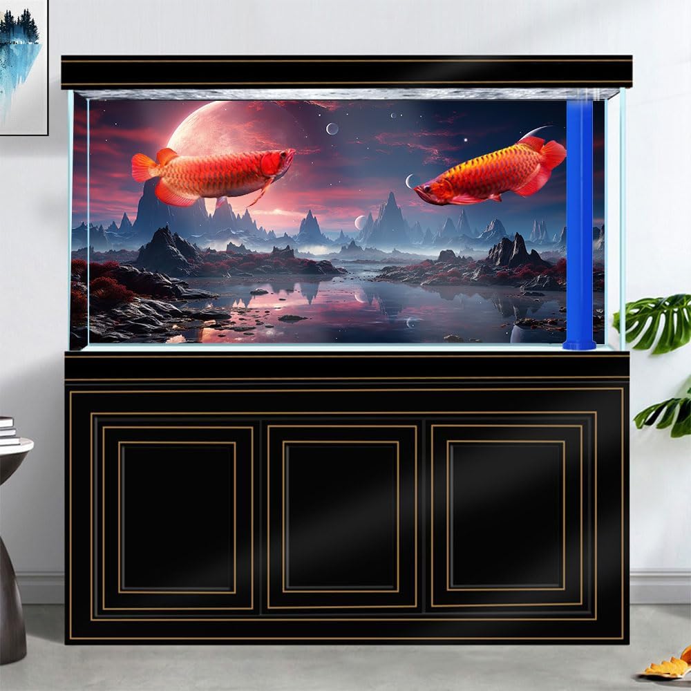 72X18IN Cosmic Spaceterrarium Background, Cool Parallel Space Themed Aquarium Reptile Habitat Background, Red Moon Aquarium Background with 10EVA Double-Sided Tape