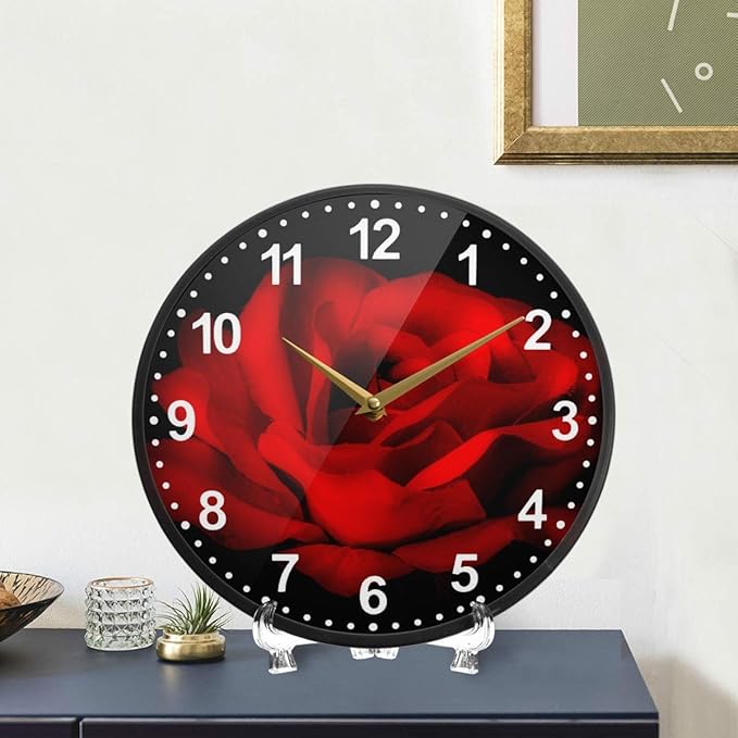 ALAZA Red Rose Flower Black Wall Clock Battery Operated Silent Non Ticking Clocks for Living Room Decor 12 Inch / 9.5 Inch