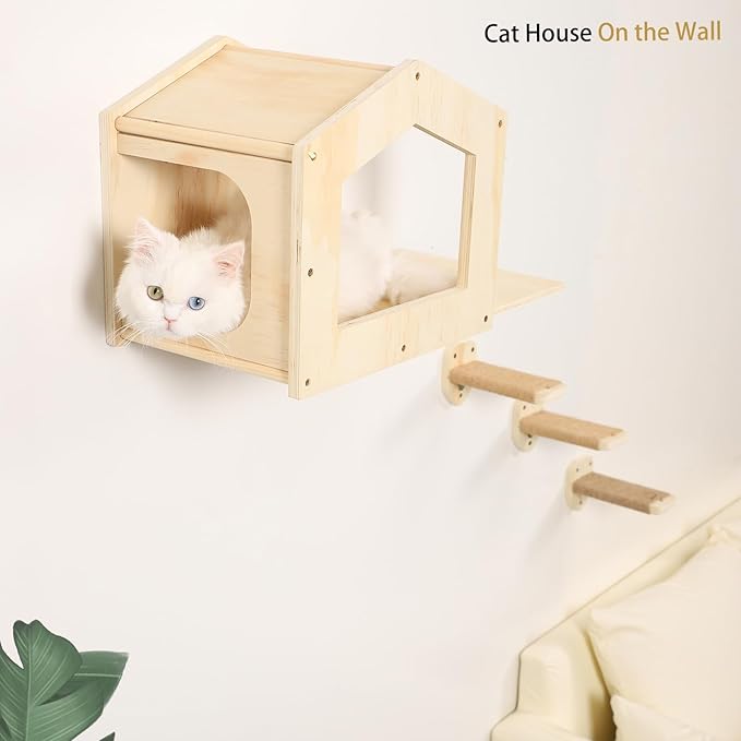 Cat Wall Shelves, Cat Shelves for Wall, Cat House Wall Furniture, Cat Condo Shelf with 3 Steps Scratching Post, Cat Bed Hammock Wall Mounted, Climbing Shelf Wall Mount for Indoor Cats (Wood)