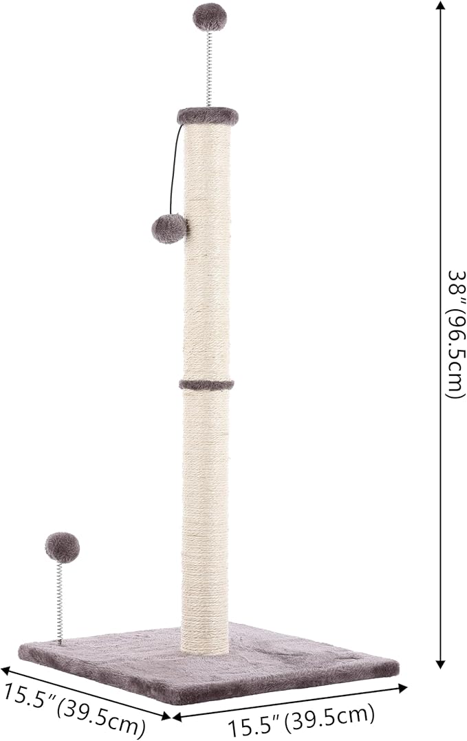 CTR1010A Rylie 38" Farmhouse Sisal Pillar Cat Scratching Post with Fuzzy Toys and Spring Balls, Gray/Cream