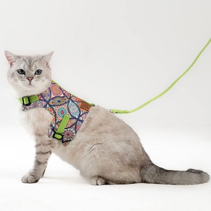 Cat Harness and Leash Set, Cats Escape Proof - Adjustable Kitten Harness for Large/Medium/Small Cats, Walking Travel Petsafe Harness (Ethnic Green, Medium)
