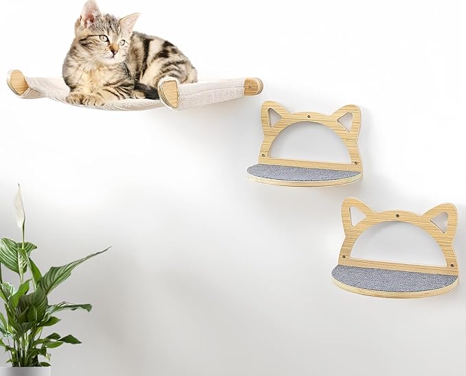 Defined Deco Cat Wall Shelves, Wall Mounted Cat Shelves and Perches with XXL Cat Hammock and 2 Cat Climbing Steps, Cat Furniture with Scratching Climbing Mat for Playing, Sleeping, and Lounging